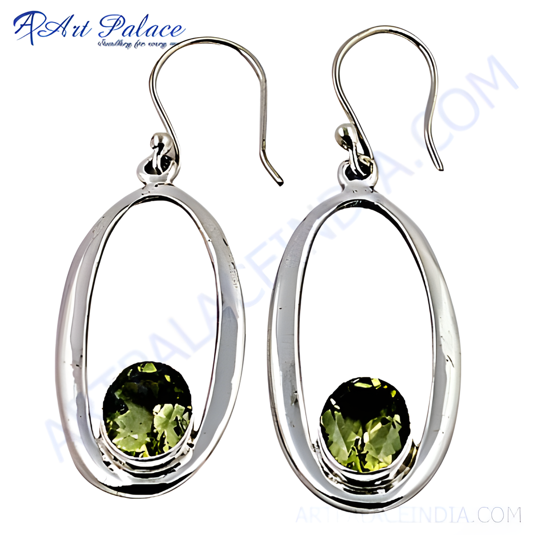 925 sterling silver drop earrings with a green peridot gemstone in an oval shape, for women.