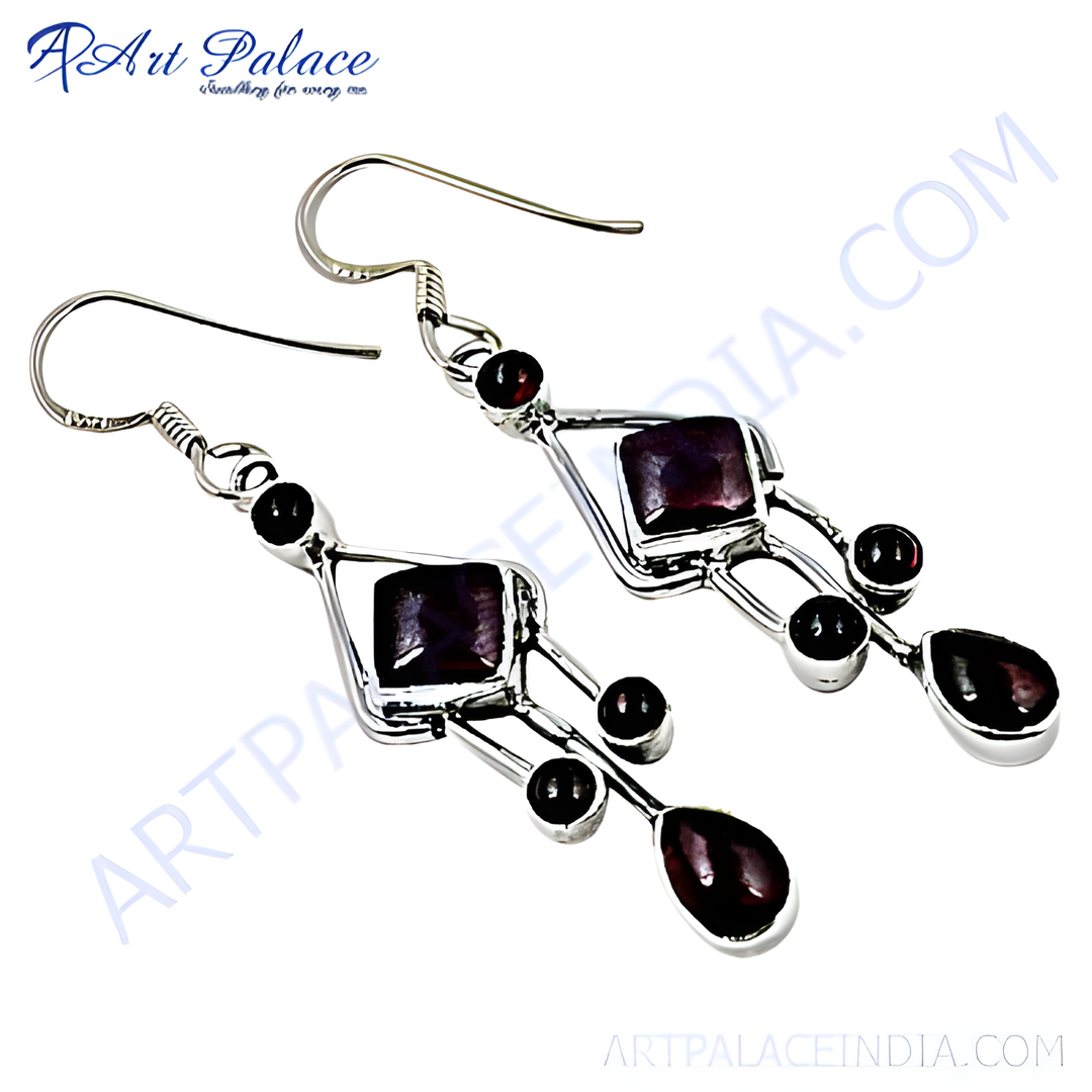 925 sterling silver drop earrings with square and round garnet gemstones in a dangle design.