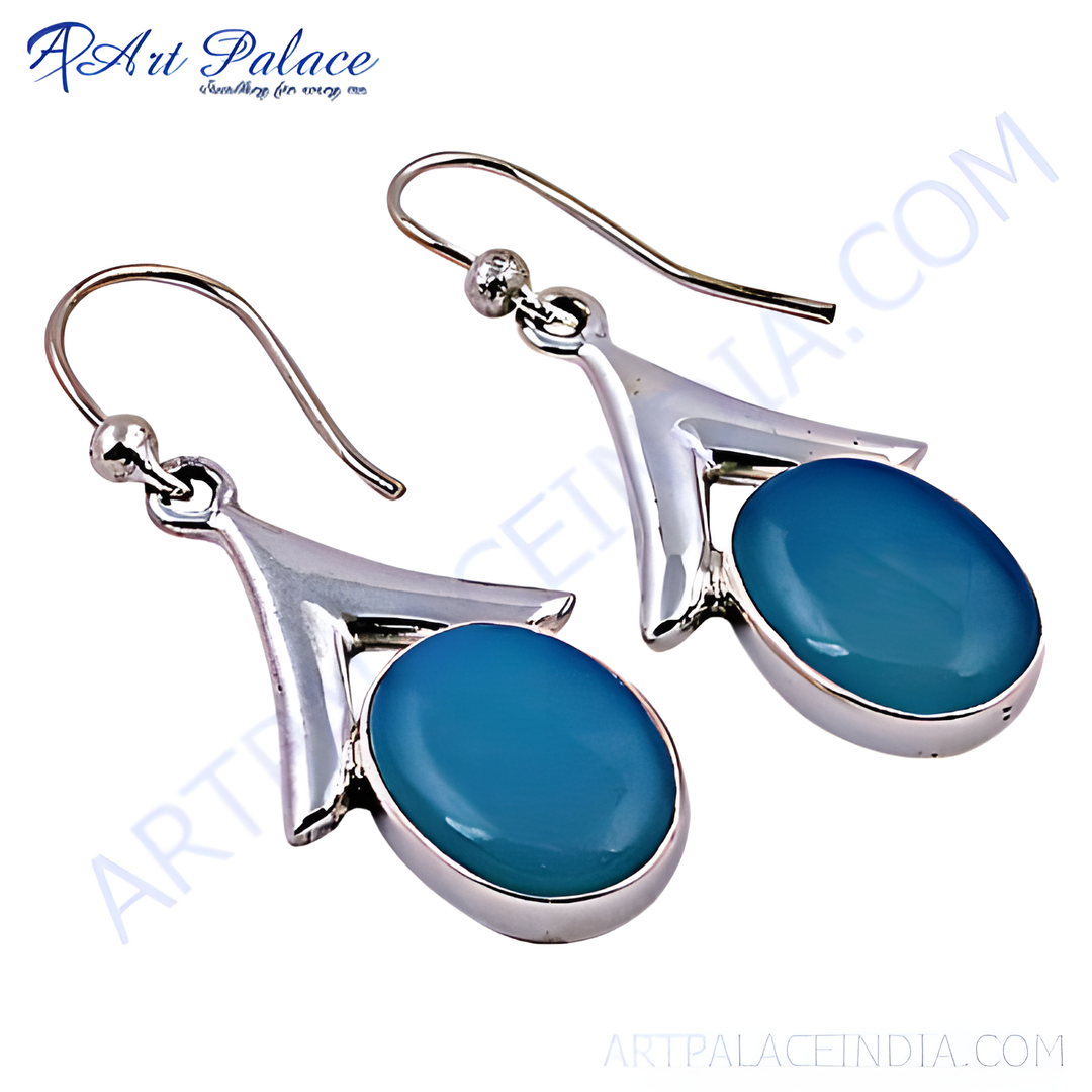 925 sterling silver dangle earrings with oval blue chalcedony gemstones for women