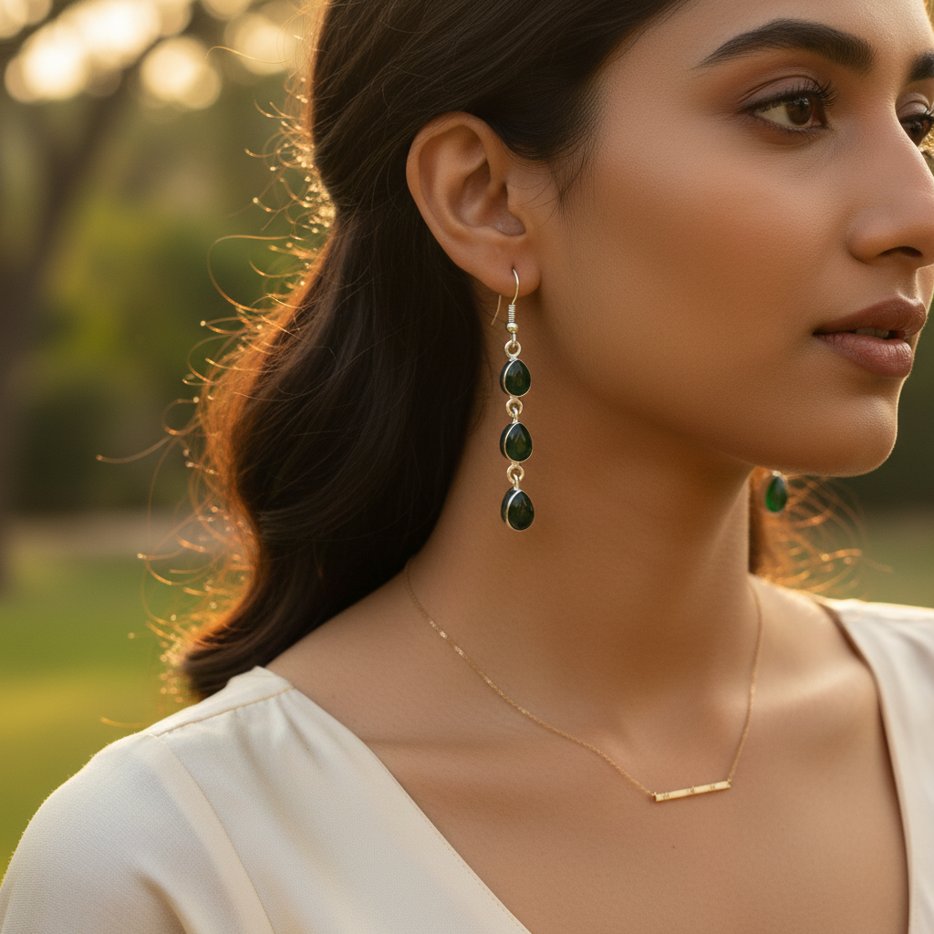 925 Silver Green Gemstone Drop Earrings for Women | Gift