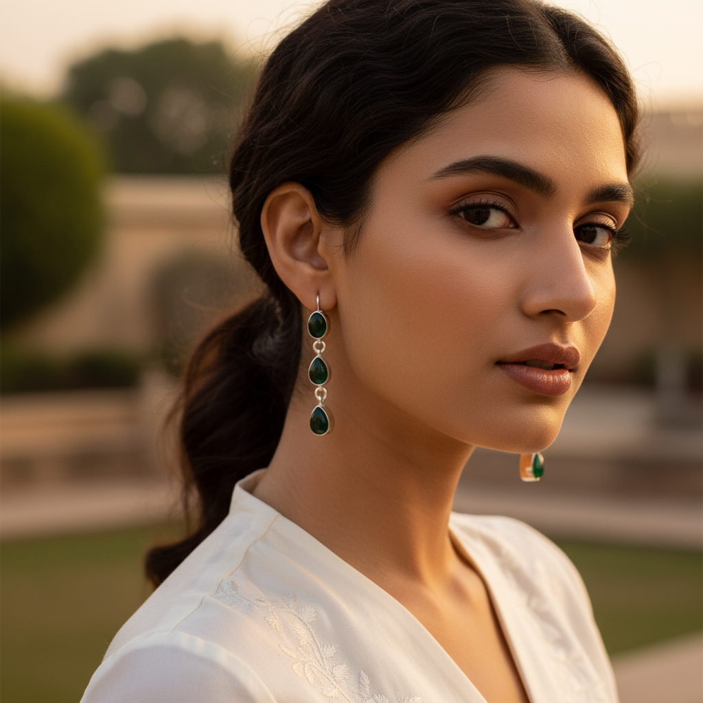 925 Silver Green Gemstone Drop Earrings for Women | Gift