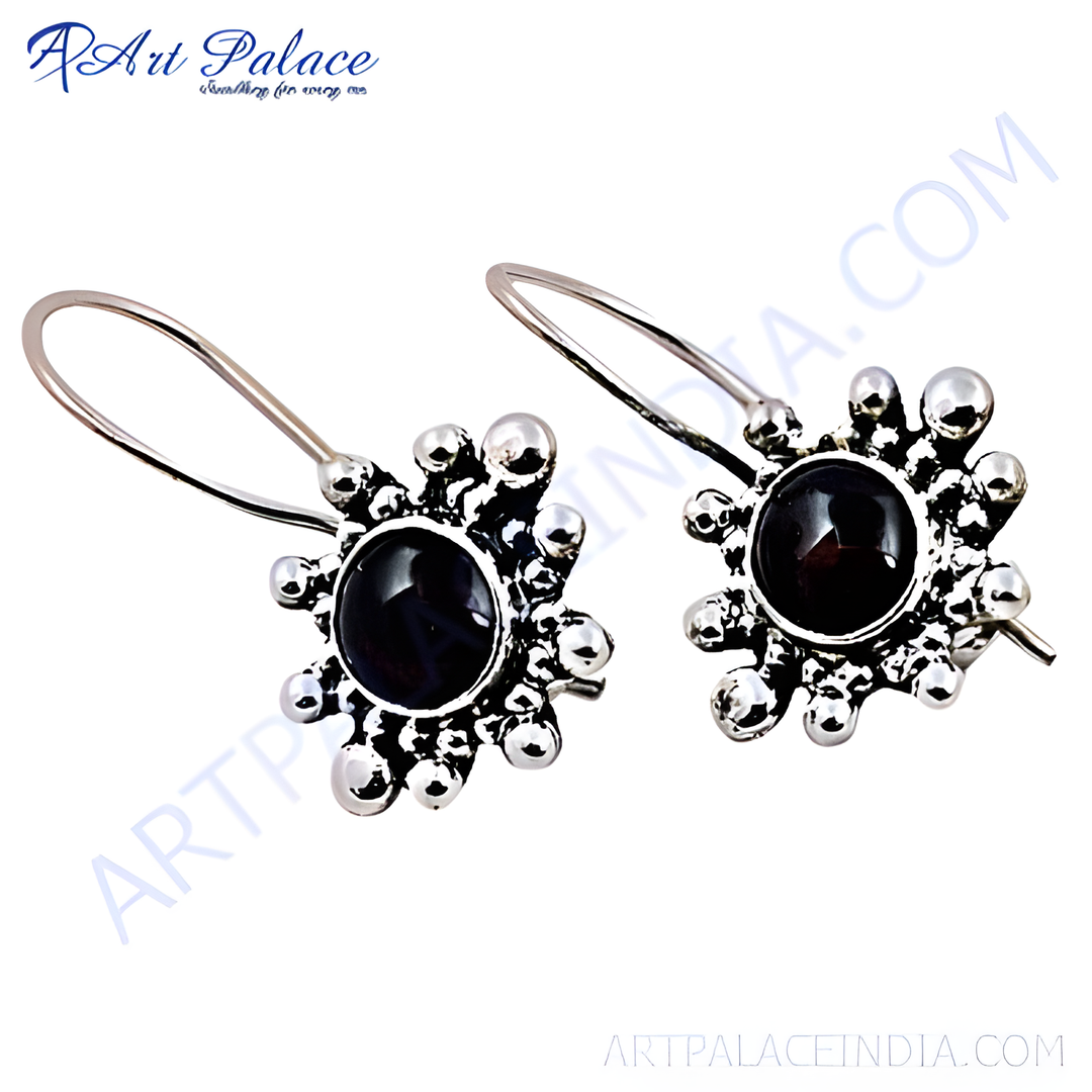 925 sterling silver dangle earrings with black onyx gemstones and a floral design, perfect for women.