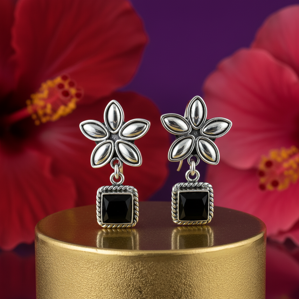 925 silver flower drop earrings with black stone | women's jewelry