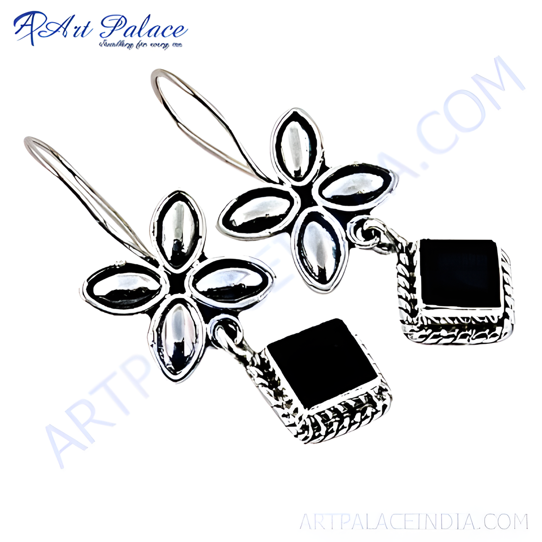 925 sterling silver drop earrings featuring a flower design and black stone accents