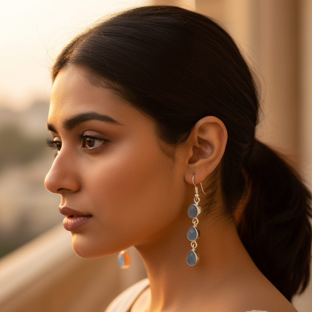 925 Silver Blue Chalcedony Drop Earrings for Women | Gift