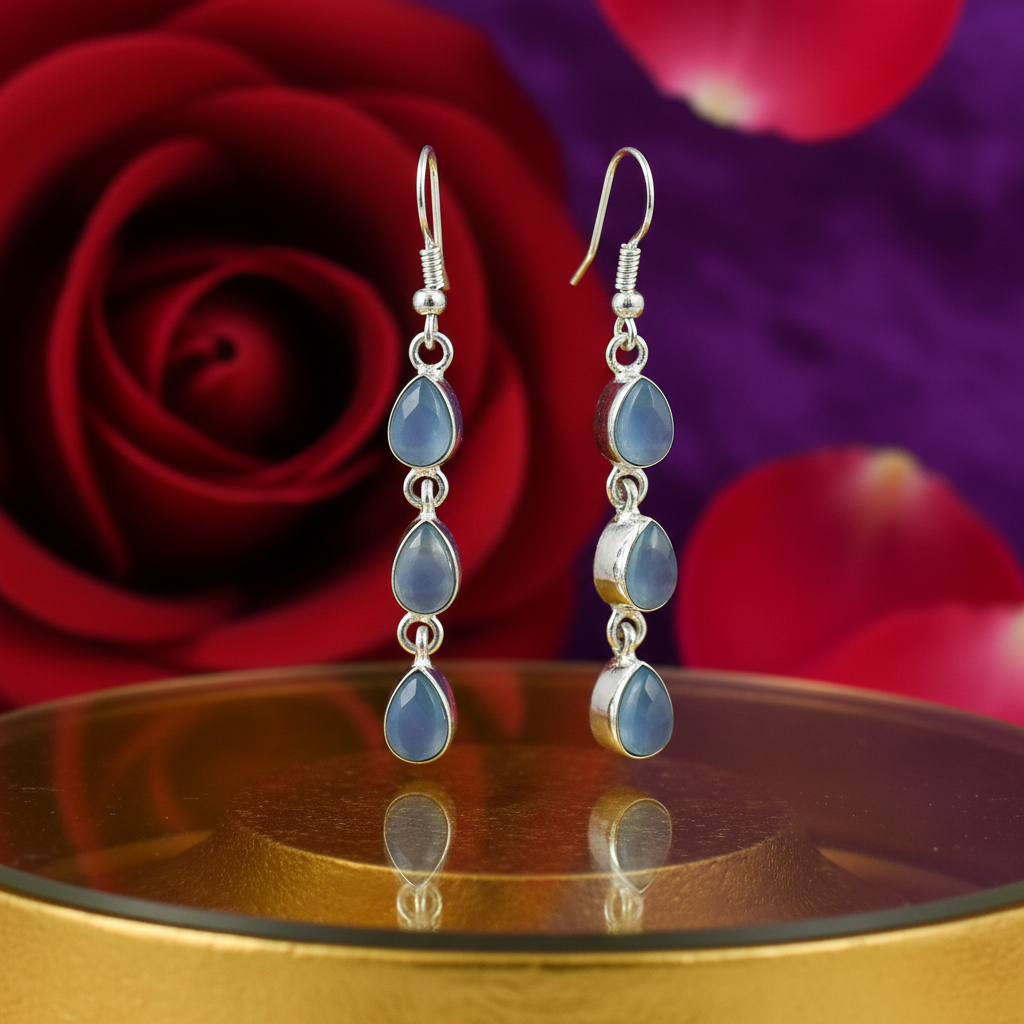 925 Silver Blue Chalcedony Drop Earrings for Women | Gift