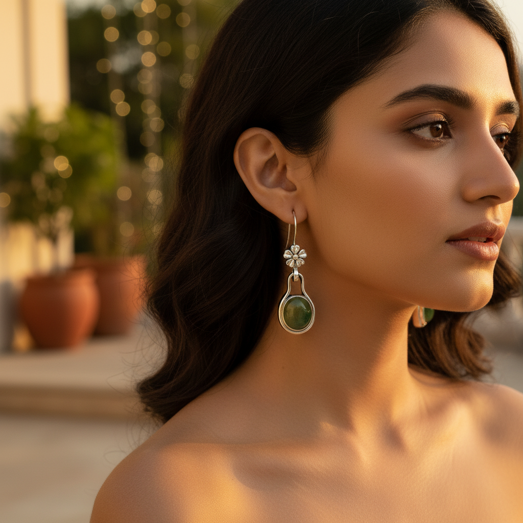925 Silver Green Stone Drop Earrings for Women | Floral Design
