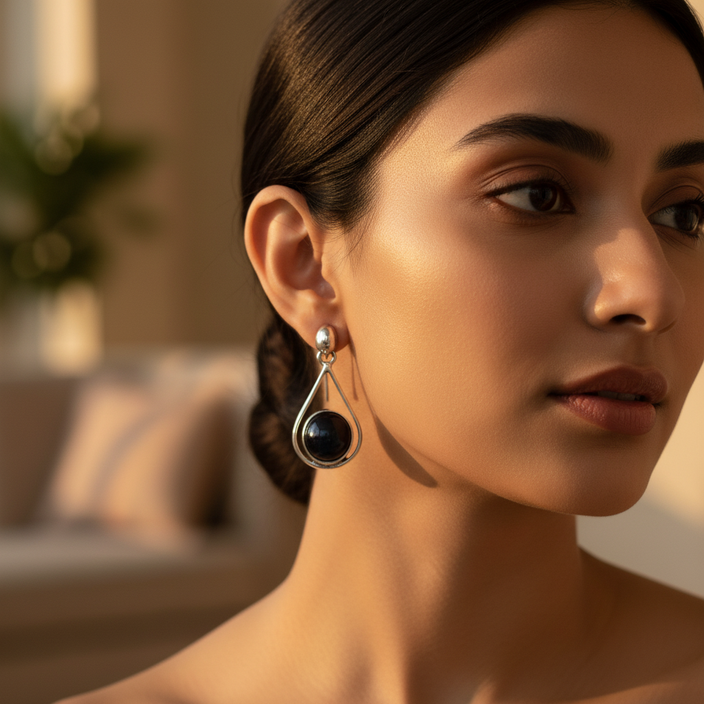 925 silver black gemstone teardrop earrings for women