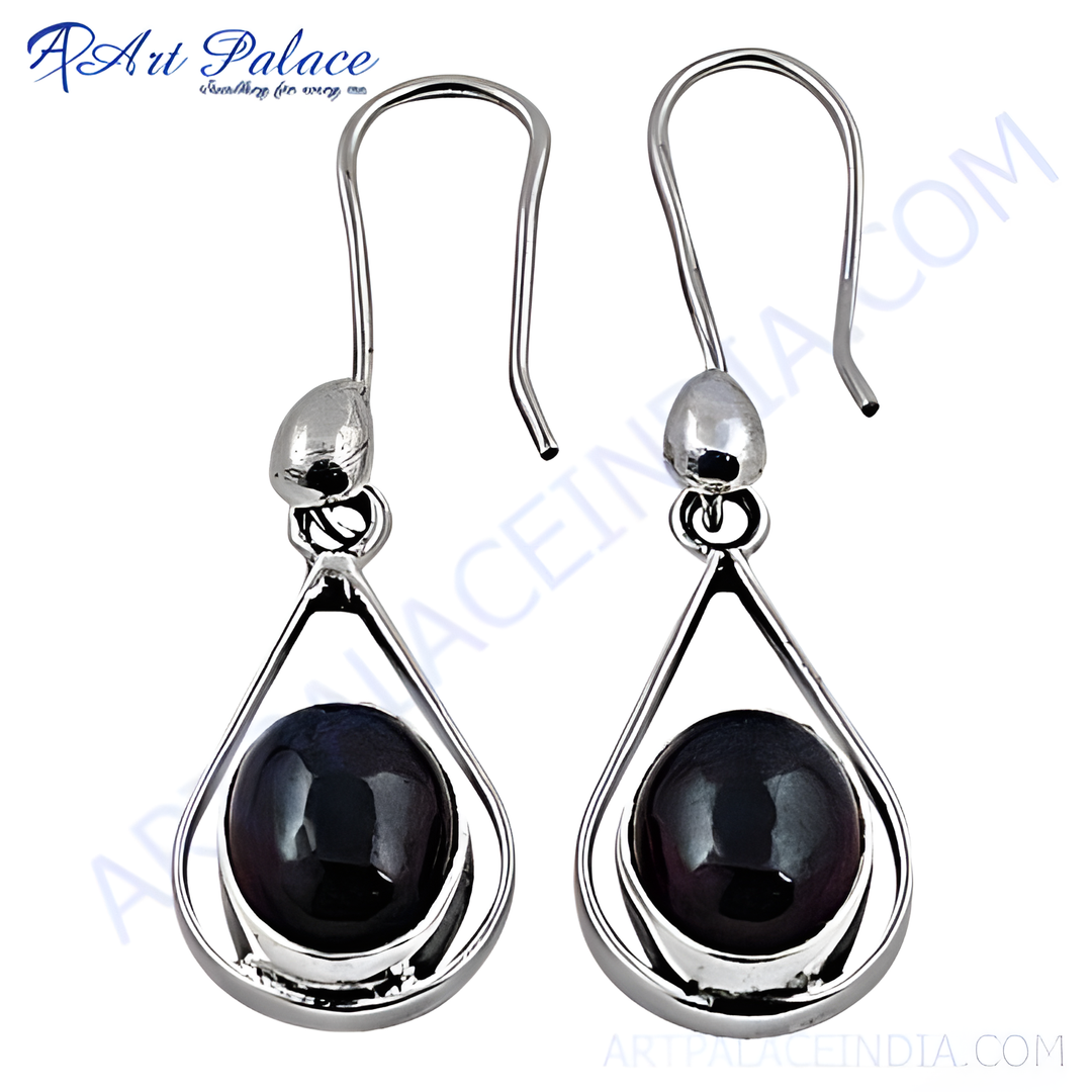 925 sterling silver teardrop earrings with black gemstone accents, perfect for women