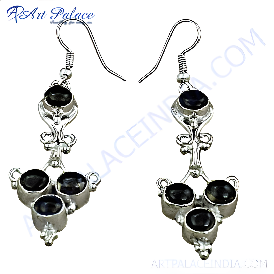925 Sterling silver dangle earrings with three black onyx gemstones. Elegant black gemstone earrings.