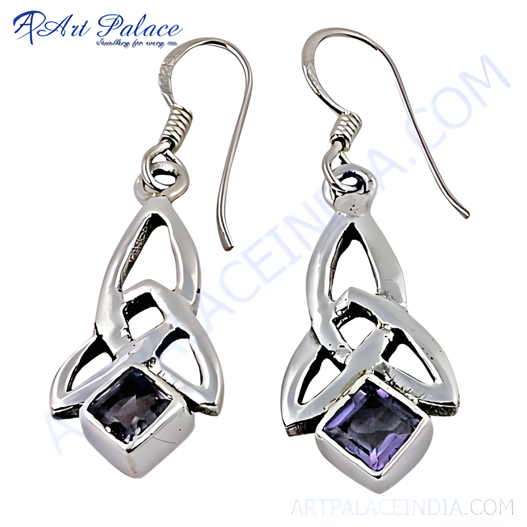 Sterling silver dangle earrings with a Celtic knot design and square amethyst gemstones.