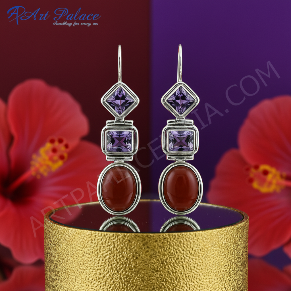 925 Silver Amethyst and Carnelian Drop Earrings for Women