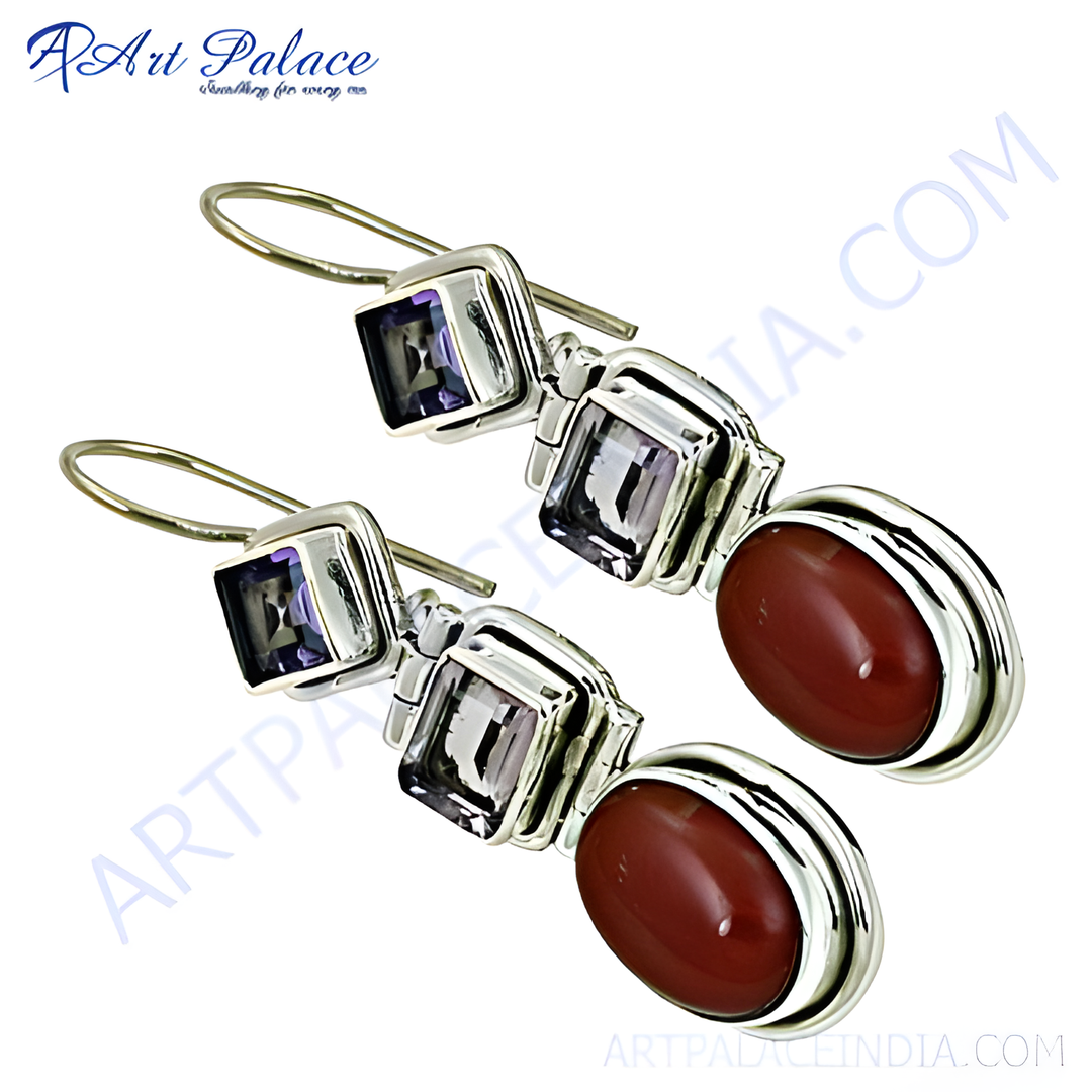 925 sterling silver drop earrings featuring amethyst and carnelian gemstones in a drop design