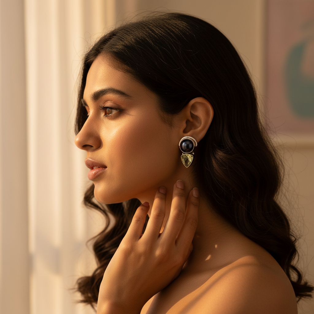 Silver Pearl & Green Amethyst Earrings for Women