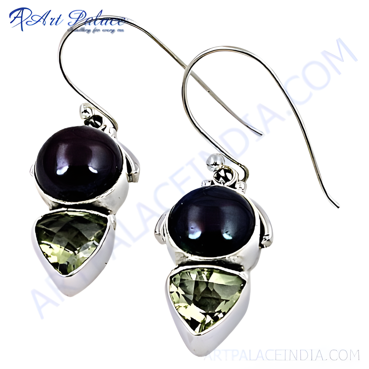 Sterling silver dangle earrings featuring a black pearl and green amethyst gemstone
