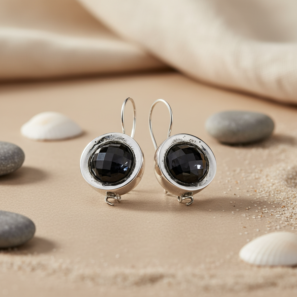Silver Black Gemstone Earrings for Women | Dangle Earrings