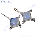 Load image into Gallery viewer, 925 sterling silver dangle earrings with square moonstone gemstones.
