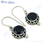Load image into Gallery viewer, 925 sterling silver dangle earrings with round black onyx gemstones
