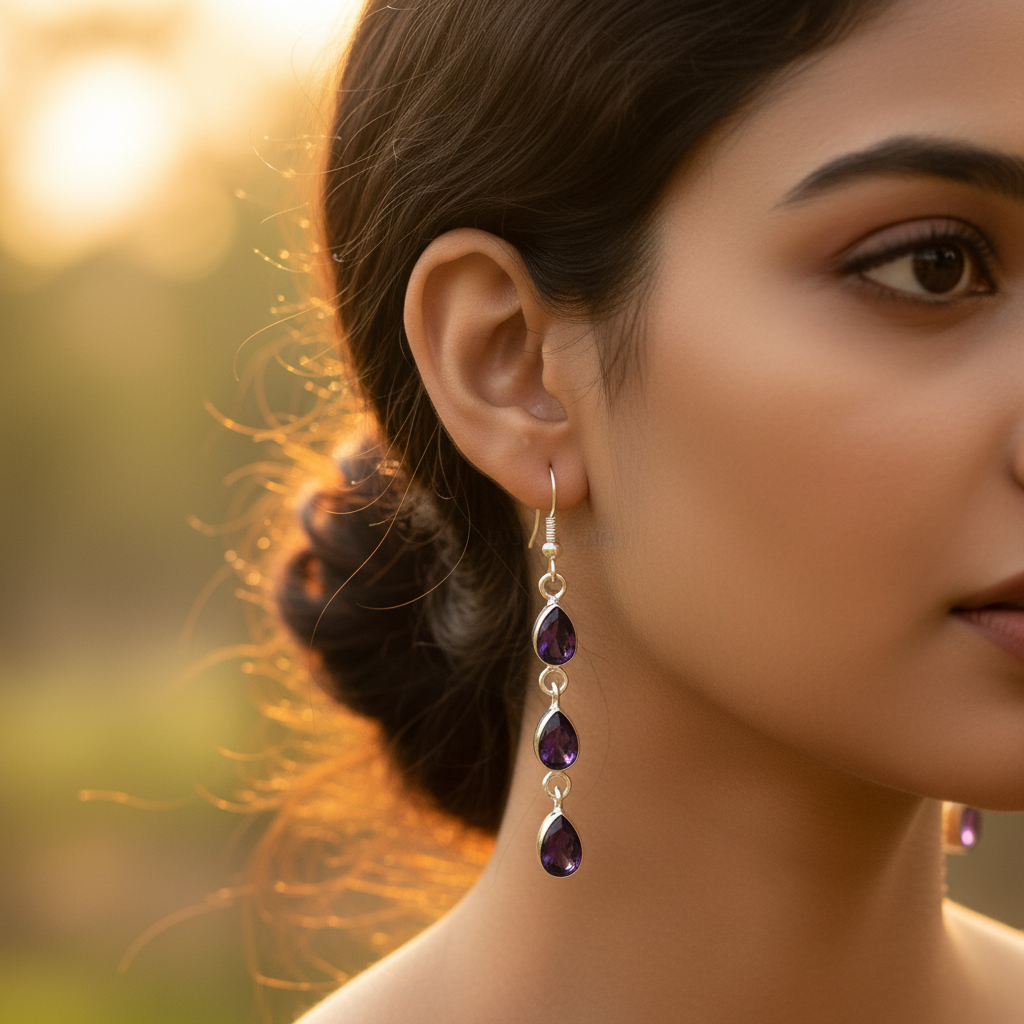 925 Silver Amethyst Drop Earrings for Women | Gemstone Jewelry
