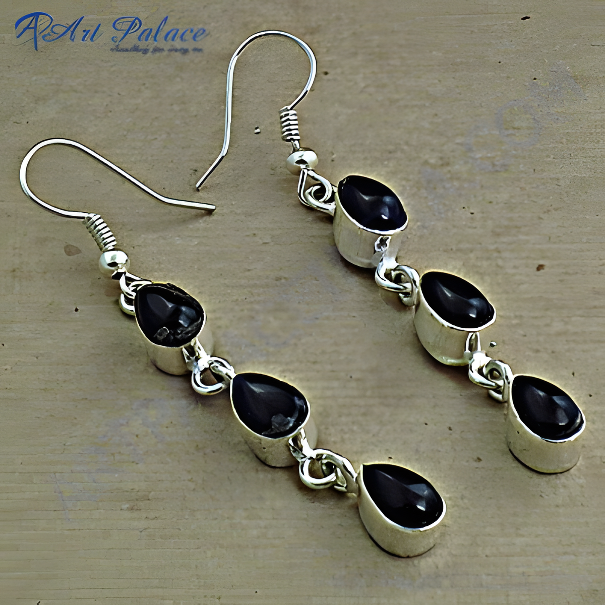 925 sterling silver drop earrings with three black onyx gemstones, perfect for any occasion