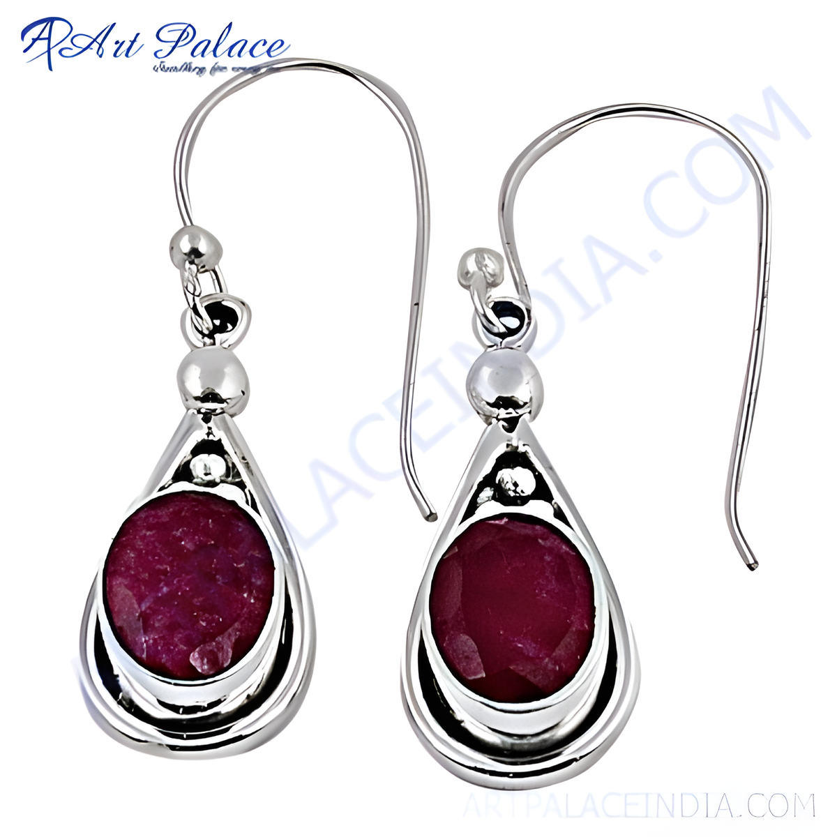 925 sterling silver drop earrings with a round ruby gemstone in a teardrop design