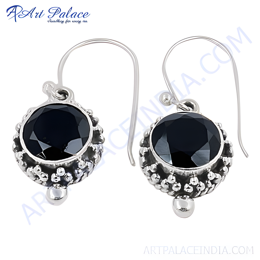 925 sterling silver hook earrings featuring black onyx gemstones, perfect for women's daily wear.