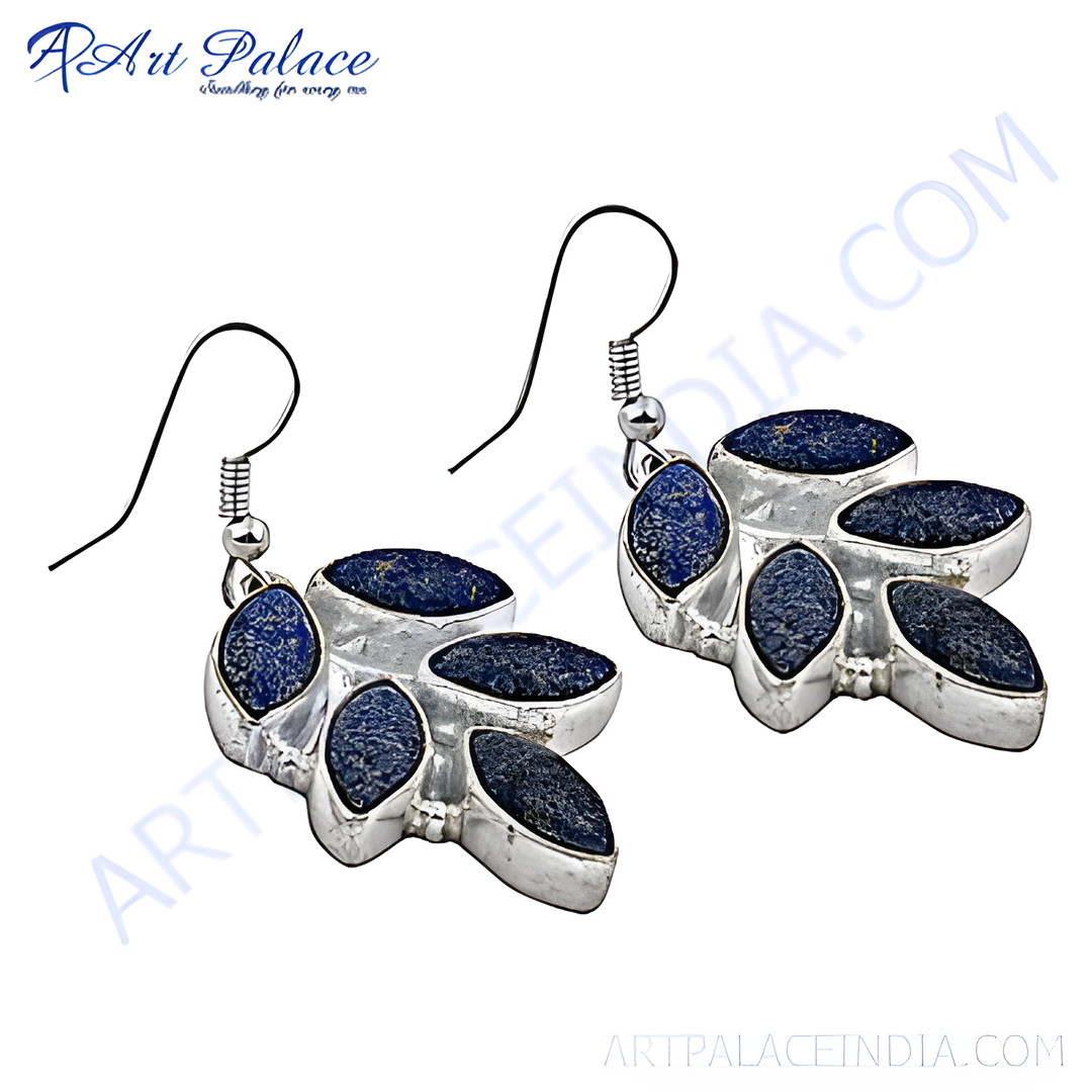 925 sterling silver dangle earrings with blue lapis lazuli gemstones in a leaf design.