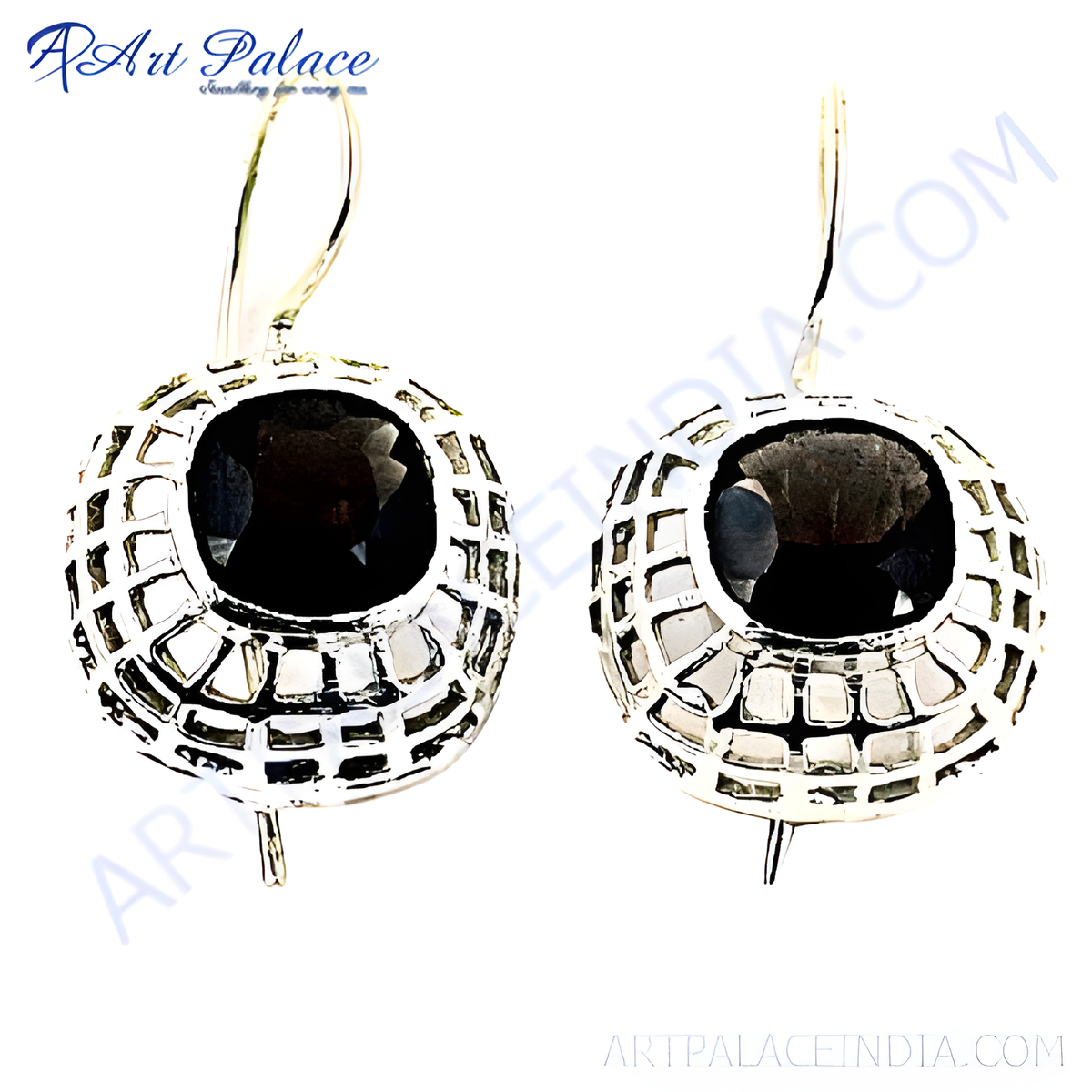 925 sterling silver dangle earrings with black gemstone in a unique cage design