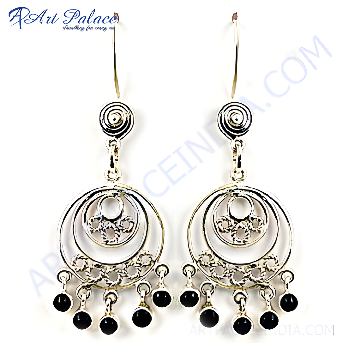 925 sterling silver chandelier earrings with black onyx gemstones hanging, elegant design