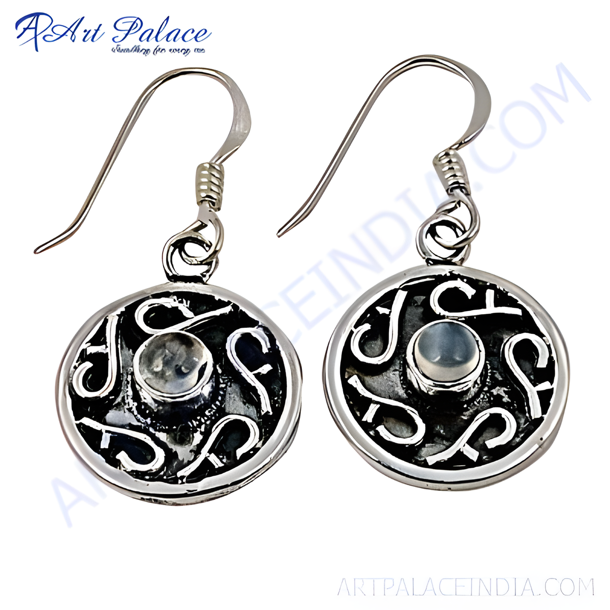 925 sterling silver dangle earrings with a moonstone center and intricate celtic knot design