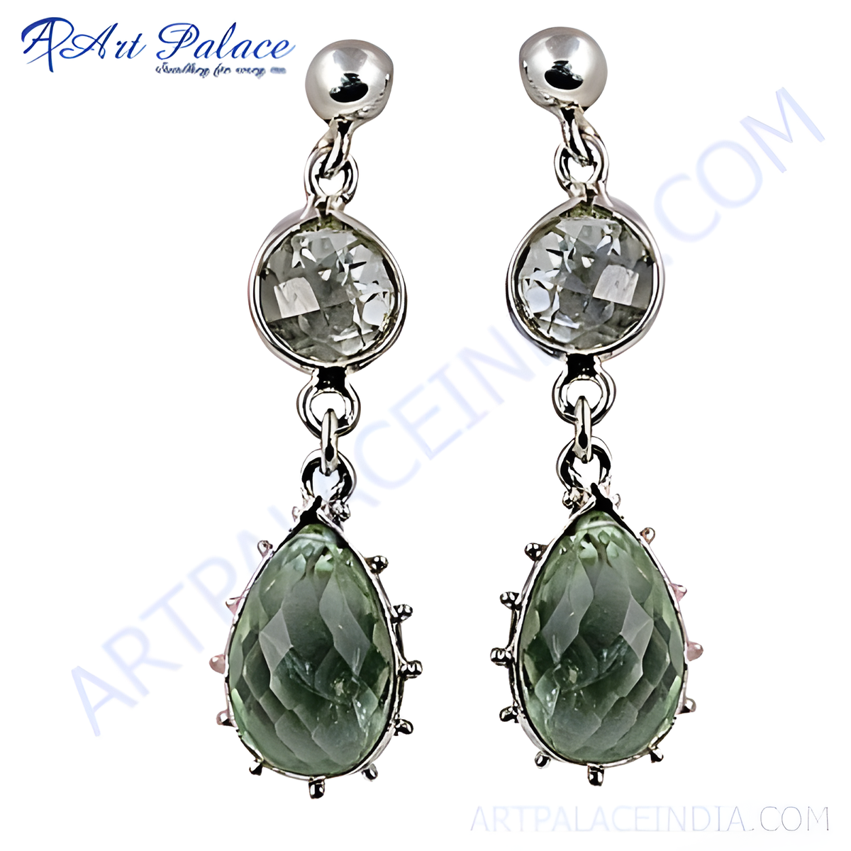 Sterling silver drop earrings with green amethyst gemstones, featuring a faceted, pear shaped design