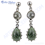 Load image into Gallery viewer, Sterling silver drop earrings with green amethyst gemstones, featuring a faceted, pear-shaped design.
