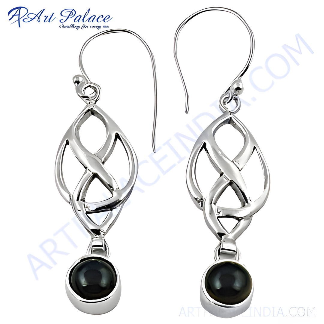 925 sterling silver drop earrings with a Celtic knot design and a black onyx gemstone at the base.