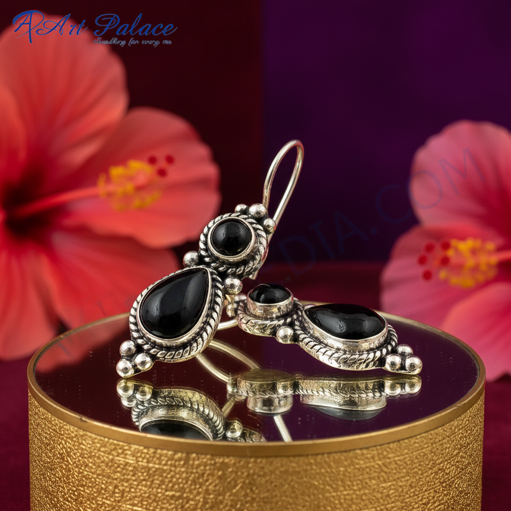 925 Silver Onyx Drop Earrings for Women | Black Gemstone Jewelry