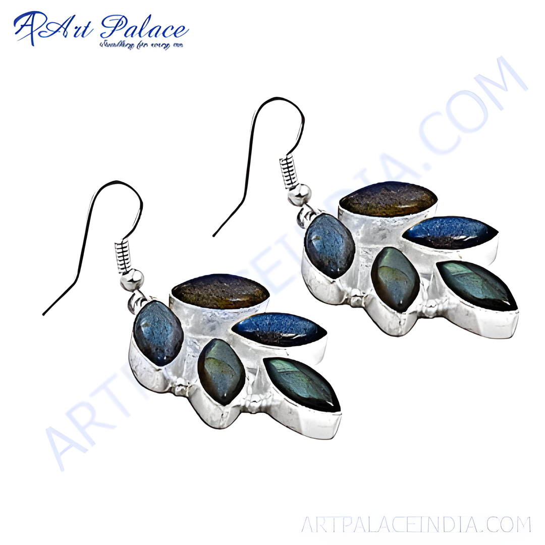 925 sterling silver dangle earrings featuring iridescent blue and green labradorite gemstones.
