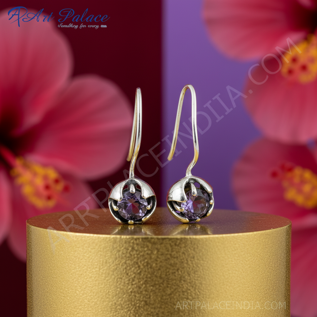 925 Silver Amethyst Drop Earrings for Women | Floral Jewelry