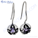 Load image into Gallery viewer, 925 sterling silver drop earrings featuring amethyst gemstones, purple color, and floral design
