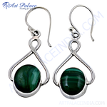 Load image into Gallery viewer, 925 sterling silver drop earrings featuring oval-cut green malachite gemstones

