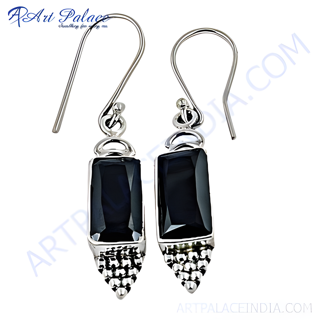 925 sterling silver dangle earrings with rectangular black onyx gemstones and a hook closure.