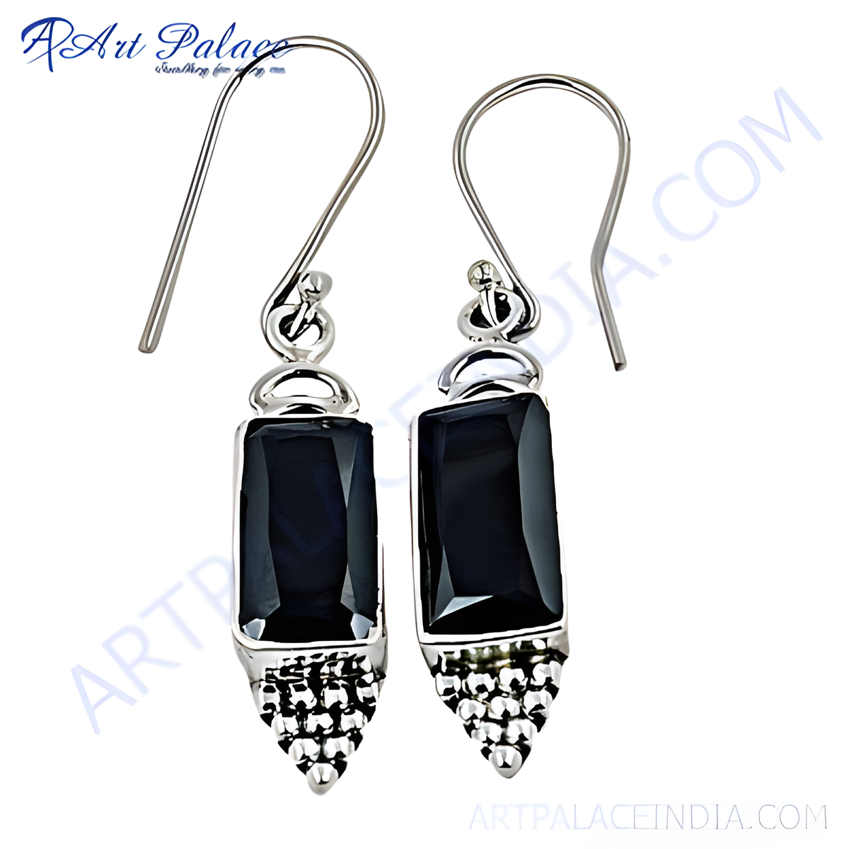 925 sterling silver dangle earrings with rectangular black onyx gemstones and a hook closure