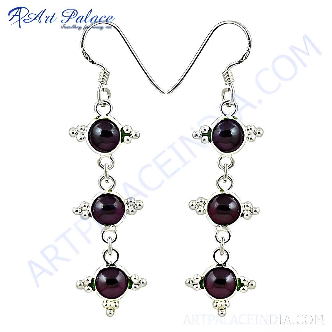 925 sterling silver drop earrings with three round dark red garnet gemstones