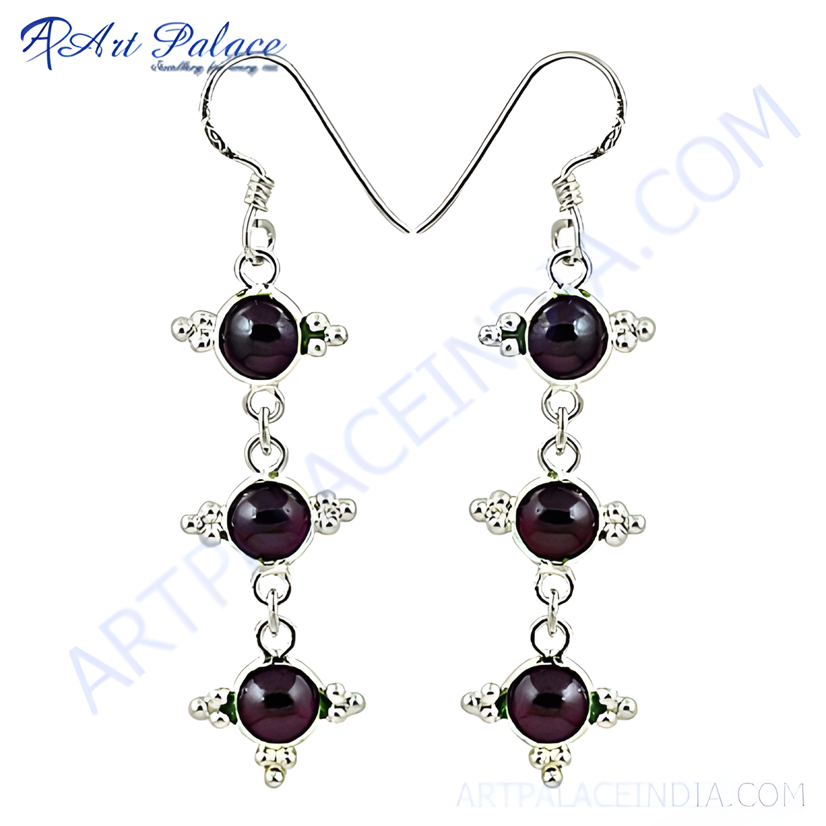 925 sterling silver drop earrings with three round dark red garnet gemstones