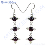 Load image into Gallery viewer, 925 sterling silver drop earrings with three round dark red garnet gemstones
