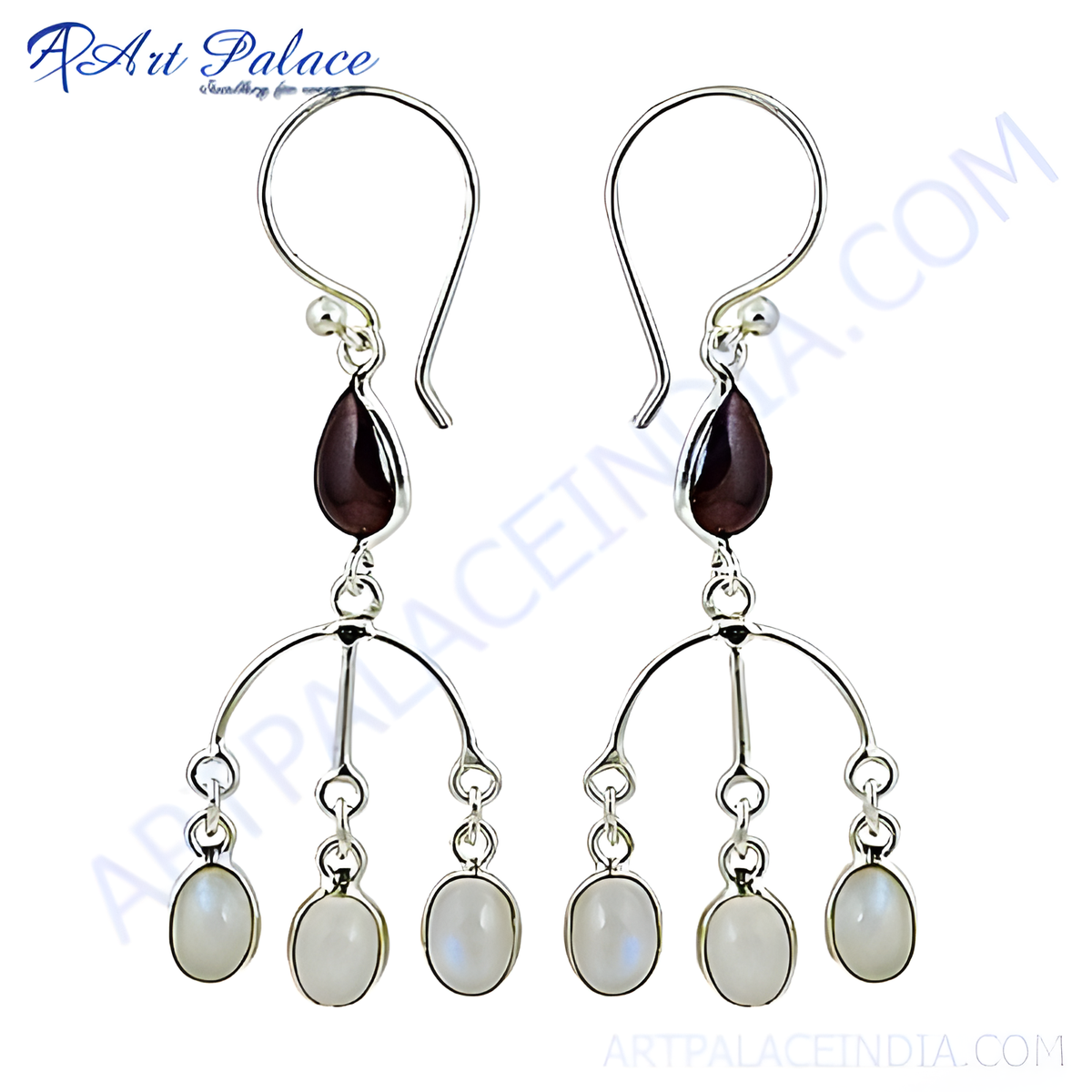 925 sterling silver dangle earrings featuring garnet and moonstone gemstones