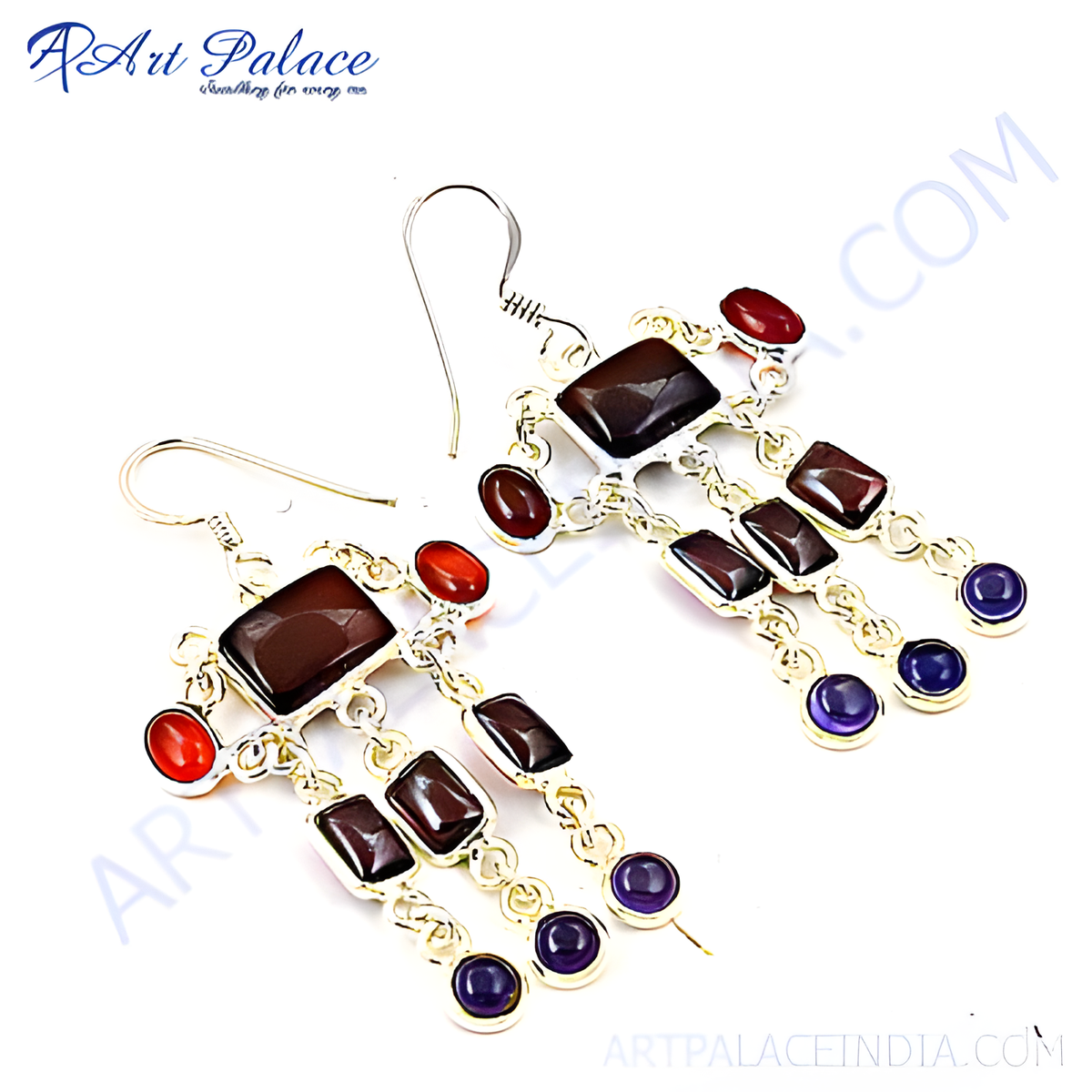925 sterling silver dangle earrings with brown and purple gemstones, elegant design