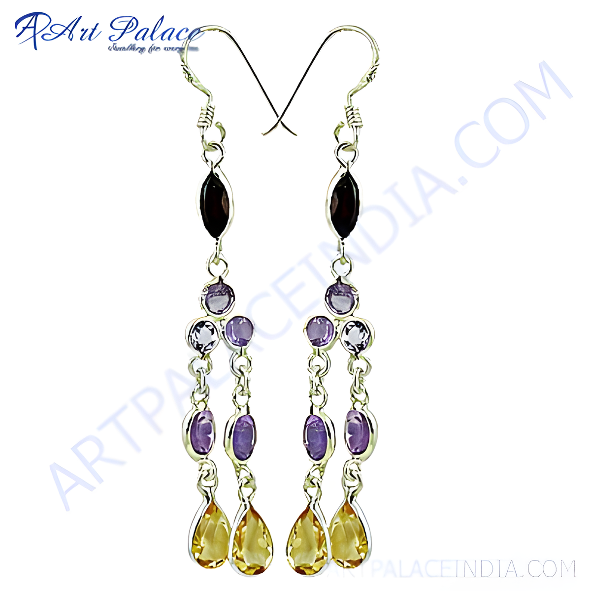 Sterling silver dangle earrings with purple and yellow gemstones, perfect for any occasion