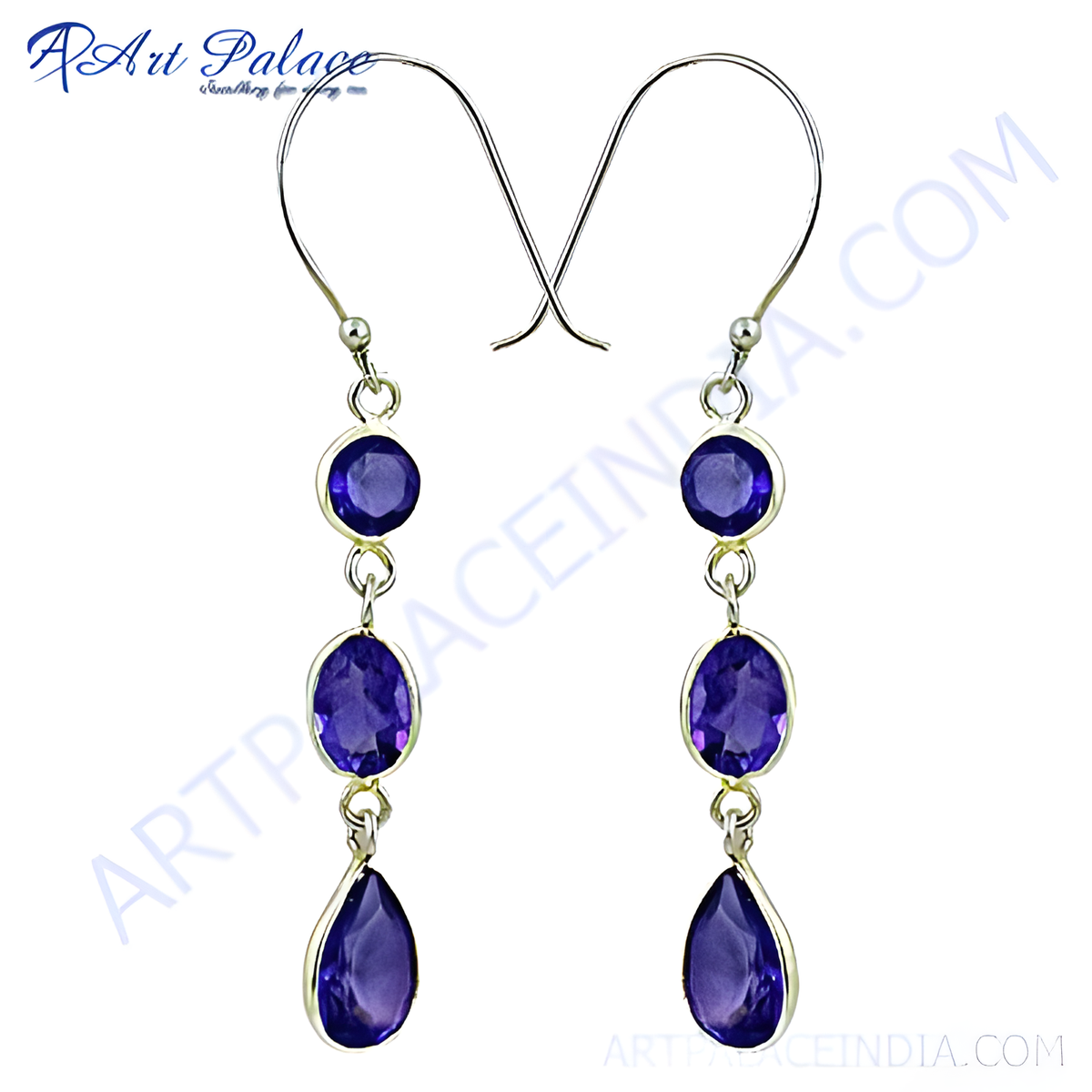 925 sterling silver drop earrings with round, oval and pear shaped purple amethyst gemstones