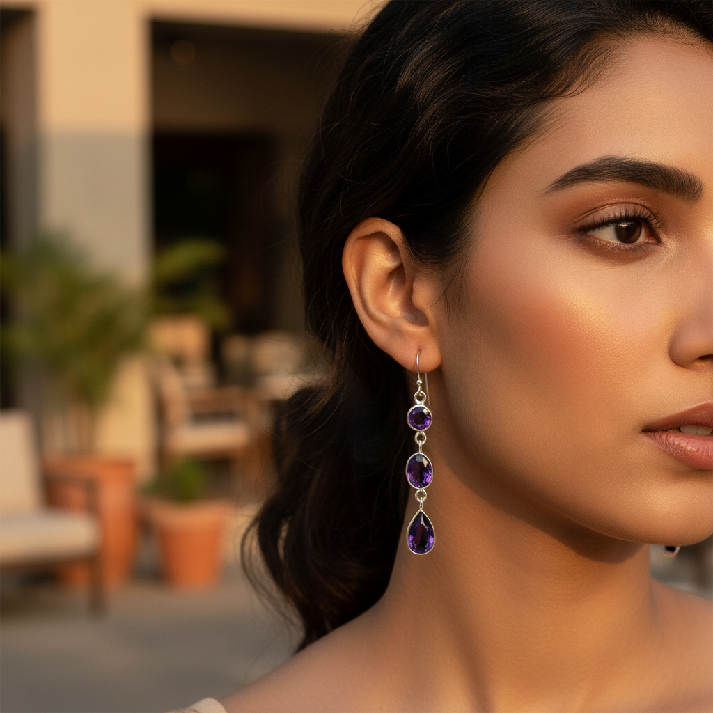925 Silver Amethyst Drop Earrings for Women | Gemstone Jewelry