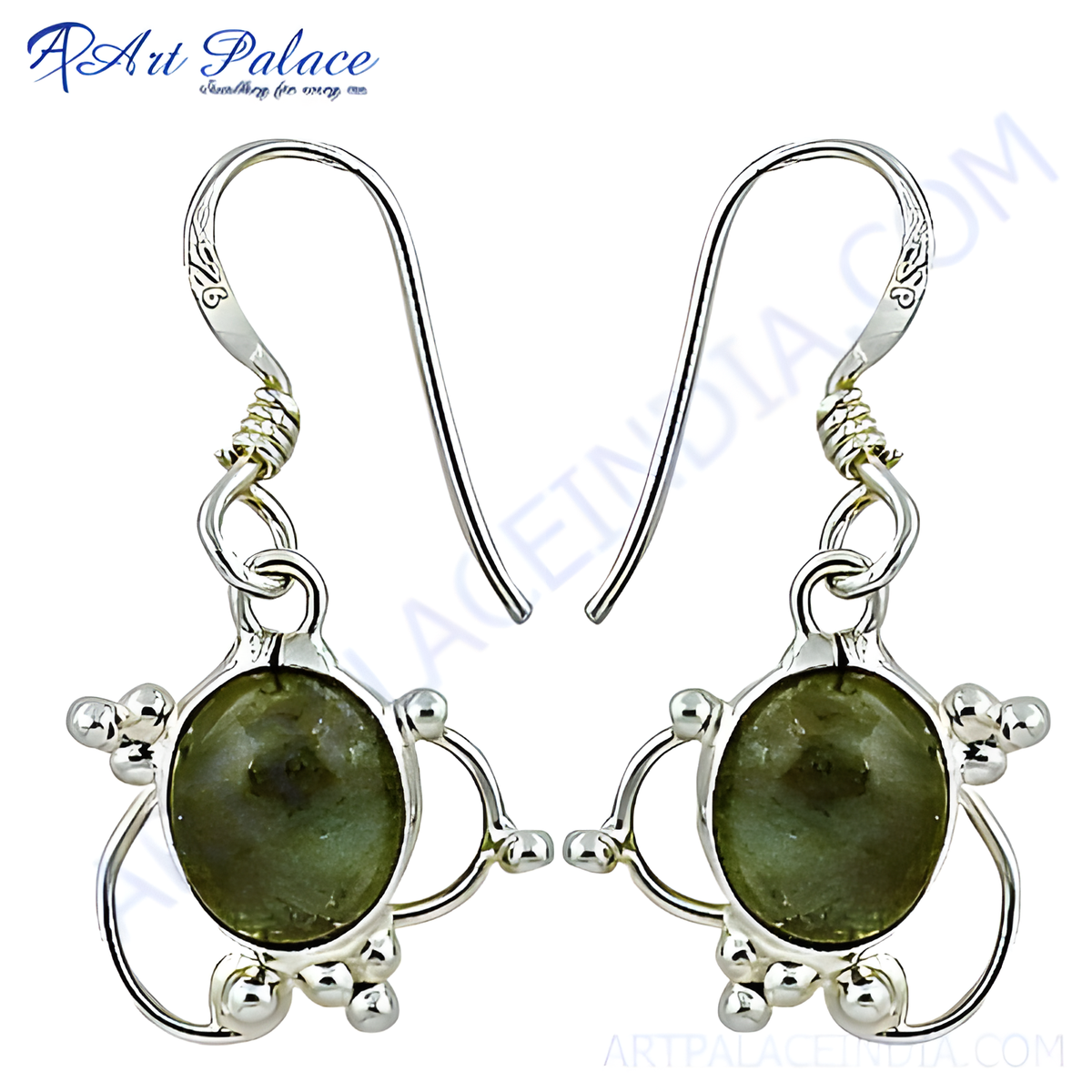 925 sterling silver dangle earrings with oval shaped green gemstone details