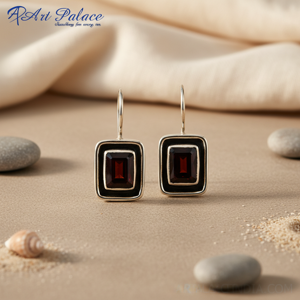 925 Silver Garnet Earrings | Square Gemstone Earrings for Women